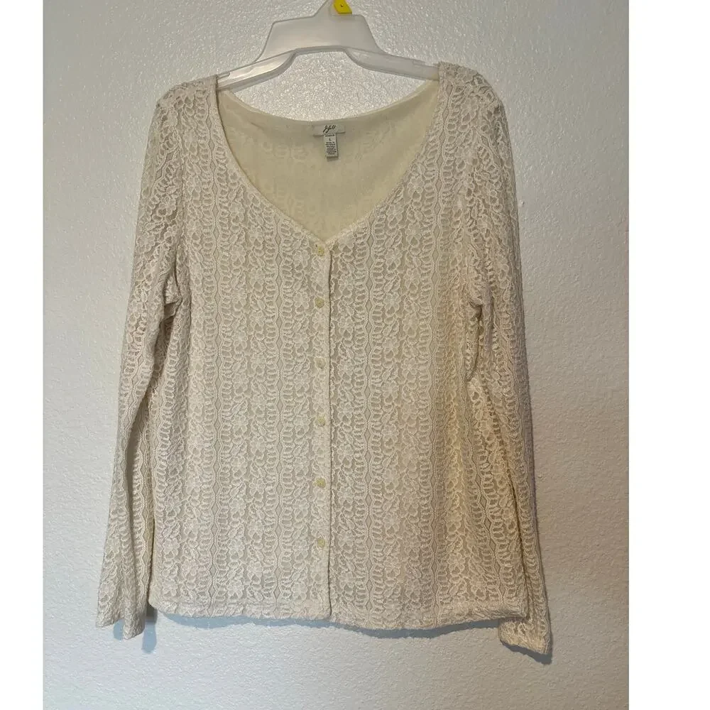 J. Jill Women Size Large Stretch Cream Lace V-Neck Button Front Cardigan Sweater